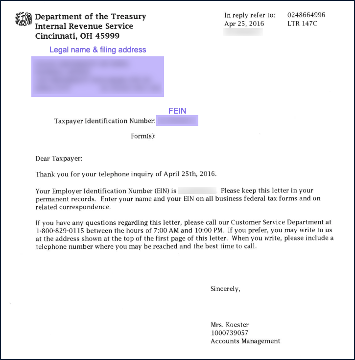 FEIN Verification Letter (147C) Example